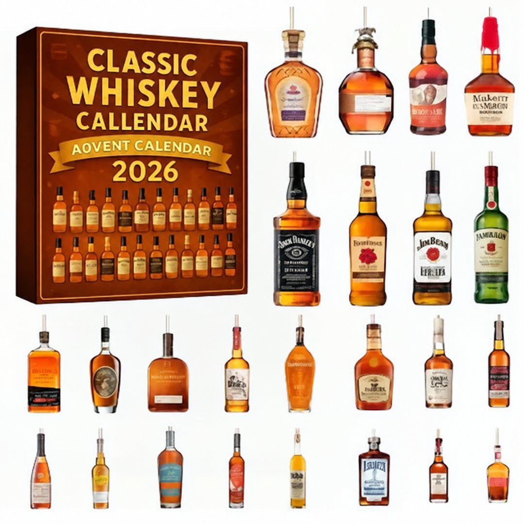 Stylowy kalendarz adwentowy whisky 2026 w aranżacji z dekoracjami świątecznymi