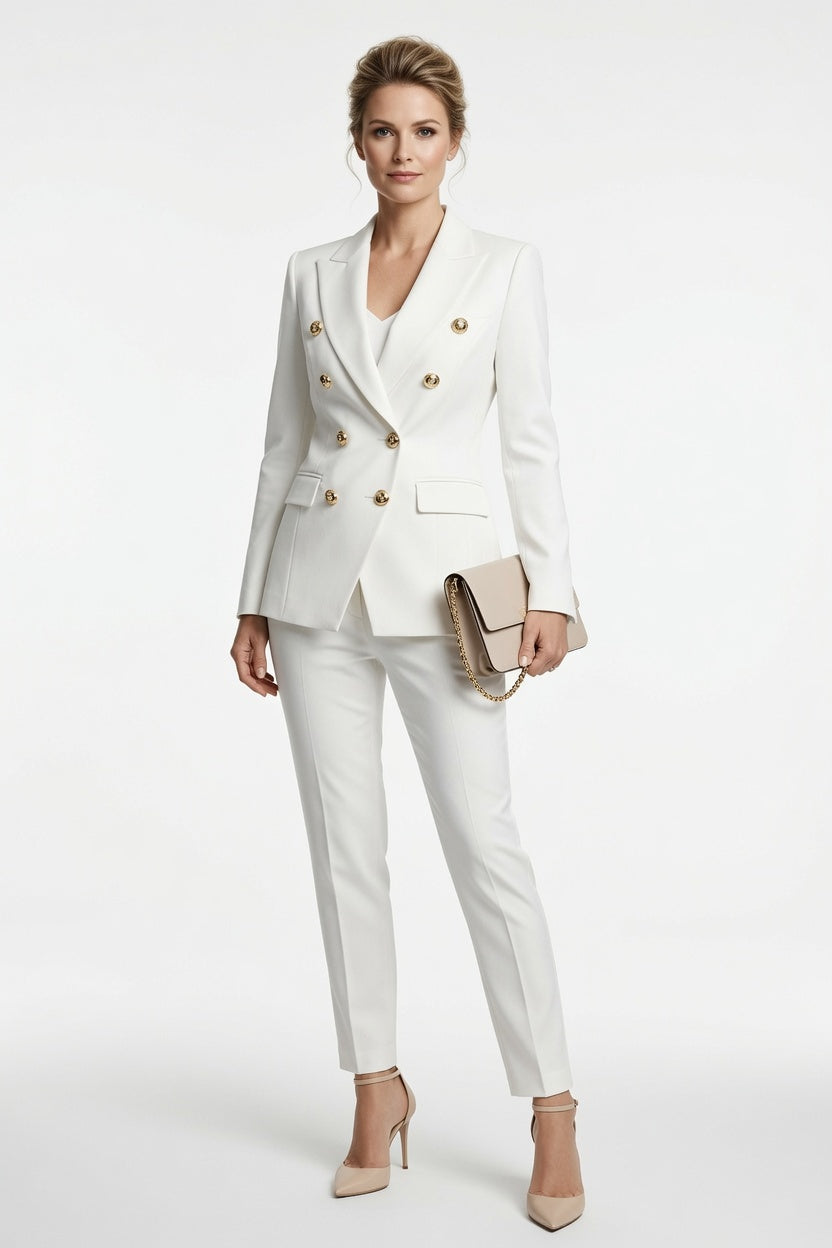 Kobieta prezentująca biały dwuczęściowy komplet blazer z elegancką torebką