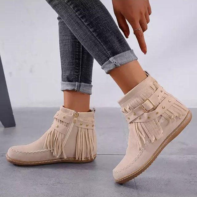 Brązowe damskie botki retro z frędzlami w stylizacji