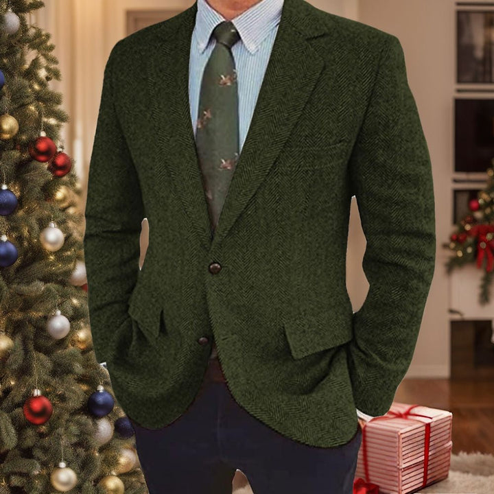 Klasyczna marynarka męska smart-casual, zbliżenie na guzik