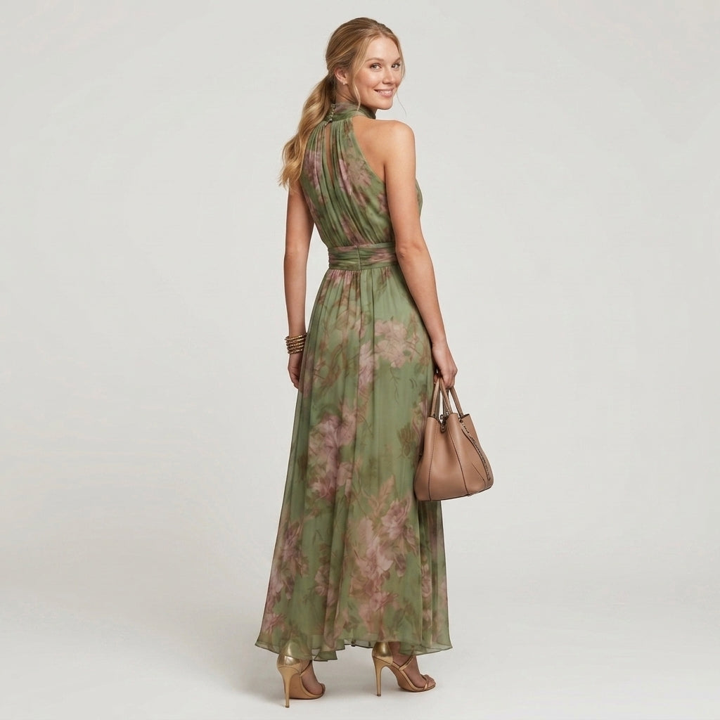 Widok z tyłu na elegancką zieloną sukienkę maxi w kwiaty z dekoltem halter