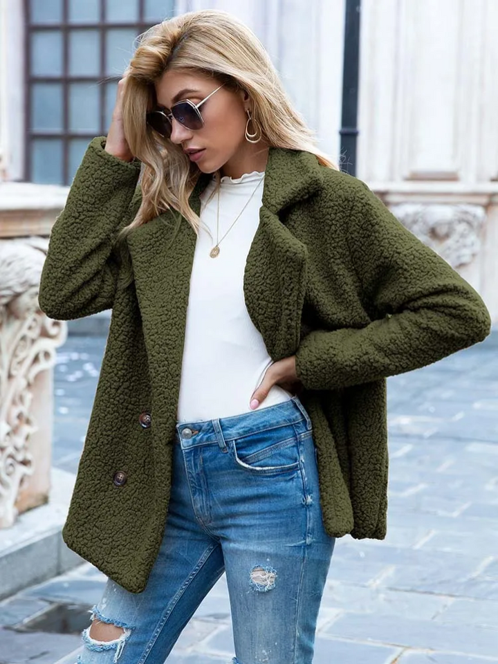 Stylowa kurtka teddy z guzikami, wygodna odzież wierzchnia