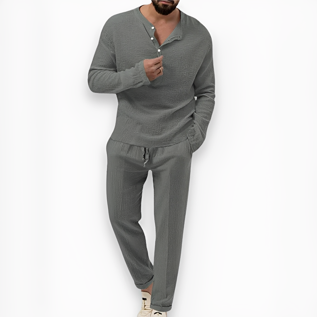 Męski letni komplet koszula i spodnie w stylu smart casual, zestaw wakacyjny