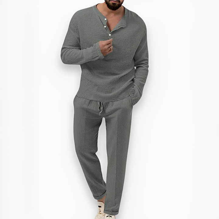 Męski letni komplet koszula i spodnie w stylu smart casual, zestaw wakacyjny