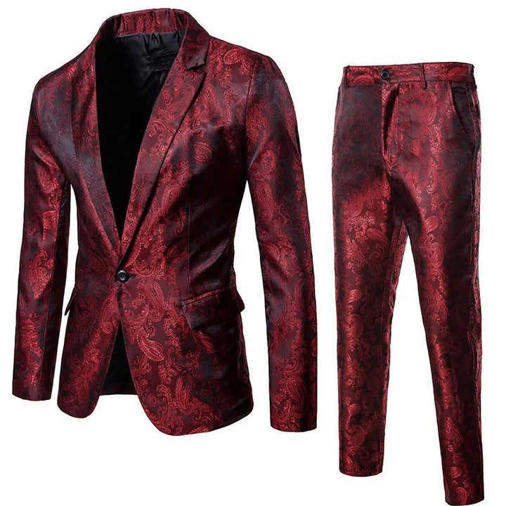Męski czerwony garnitur dwuczęściowy slim fit z żakardowym wzorem