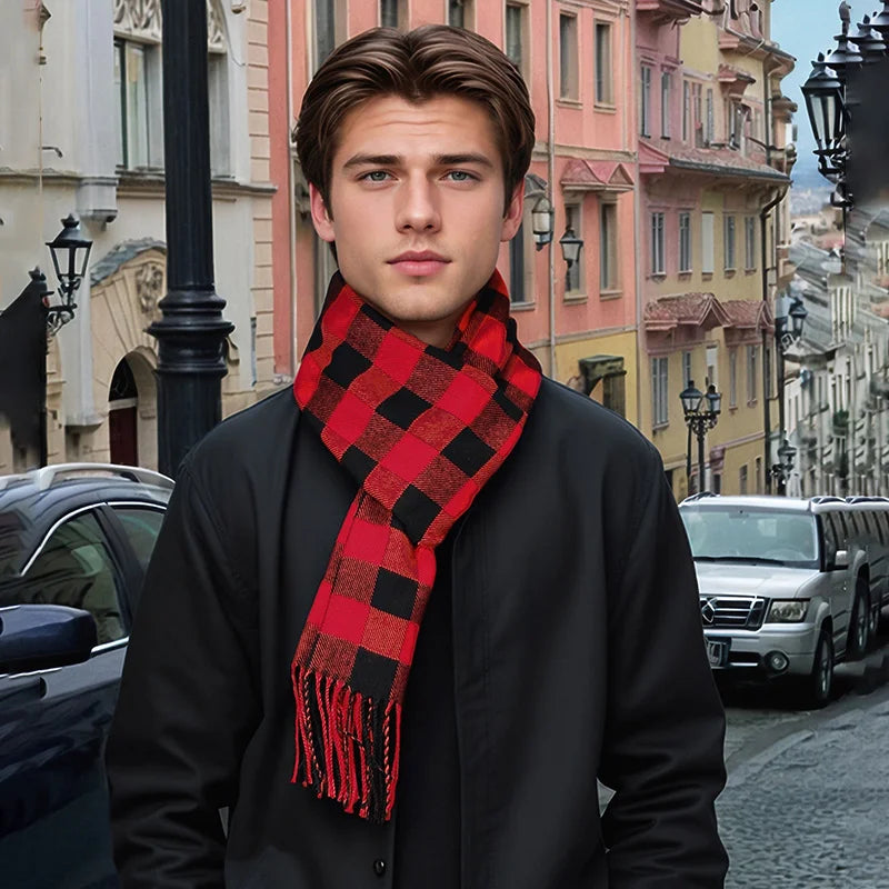 Stylowy szalik męski w kratę z ozdobnymi frędzlami