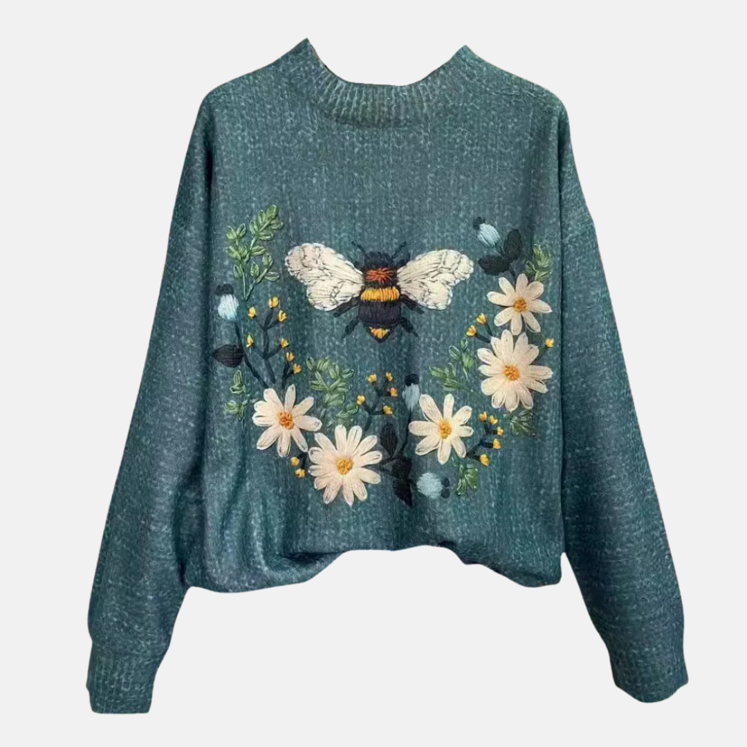 Damski sweter w kolorze morskim z motywem dużej pszczoły i stokrotek