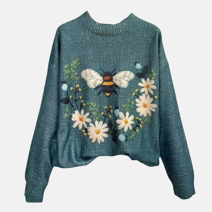 Damski sweter w kolorze morskim z motywem dużej pszczoły i stokrotek