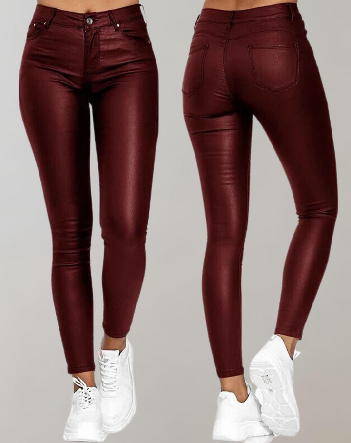 Damskie czerwone spodnie high-waist dopasowane w kroju skinny