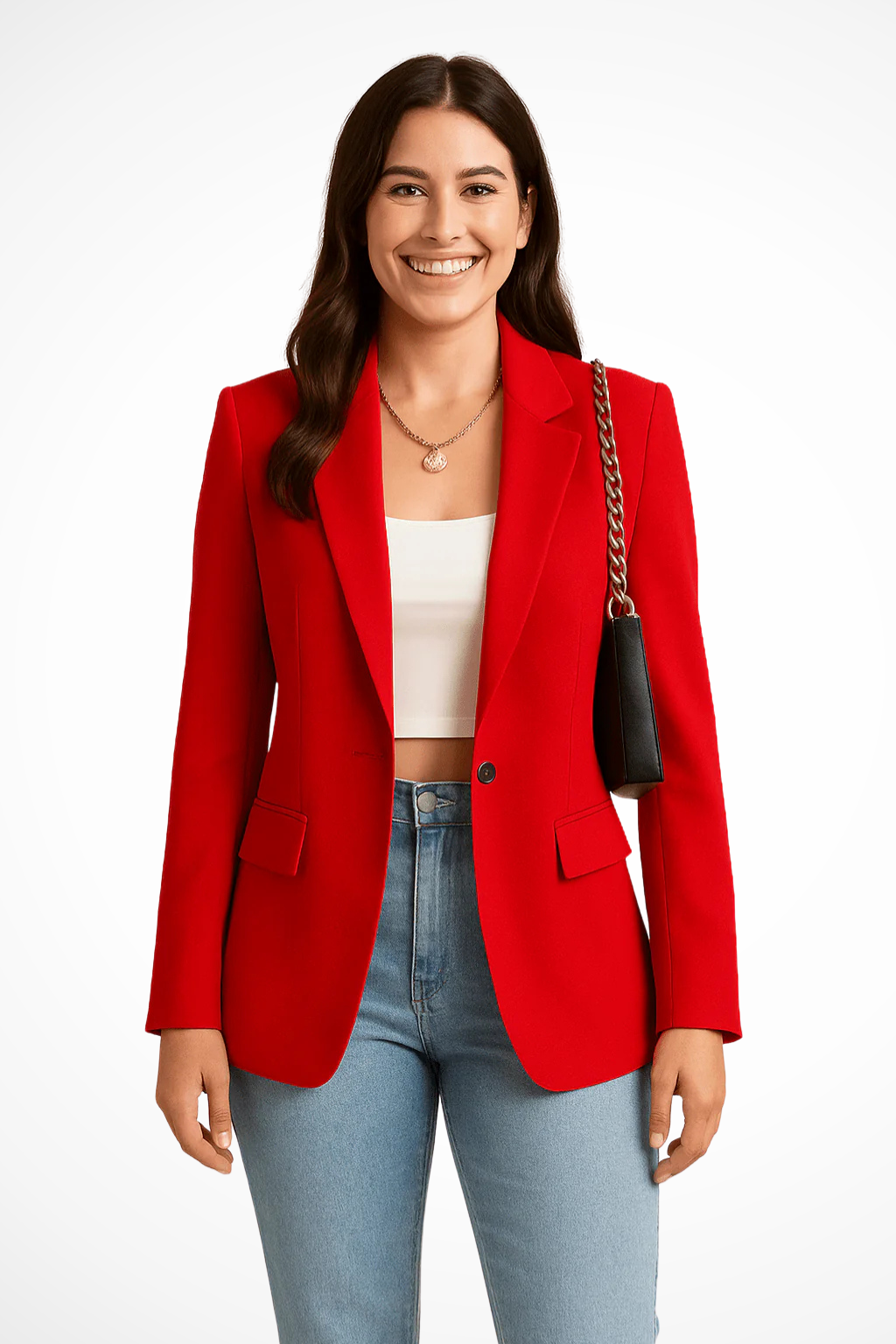 Elegancki żakiet damski smart casual, zbliżenie na materiał i klapy