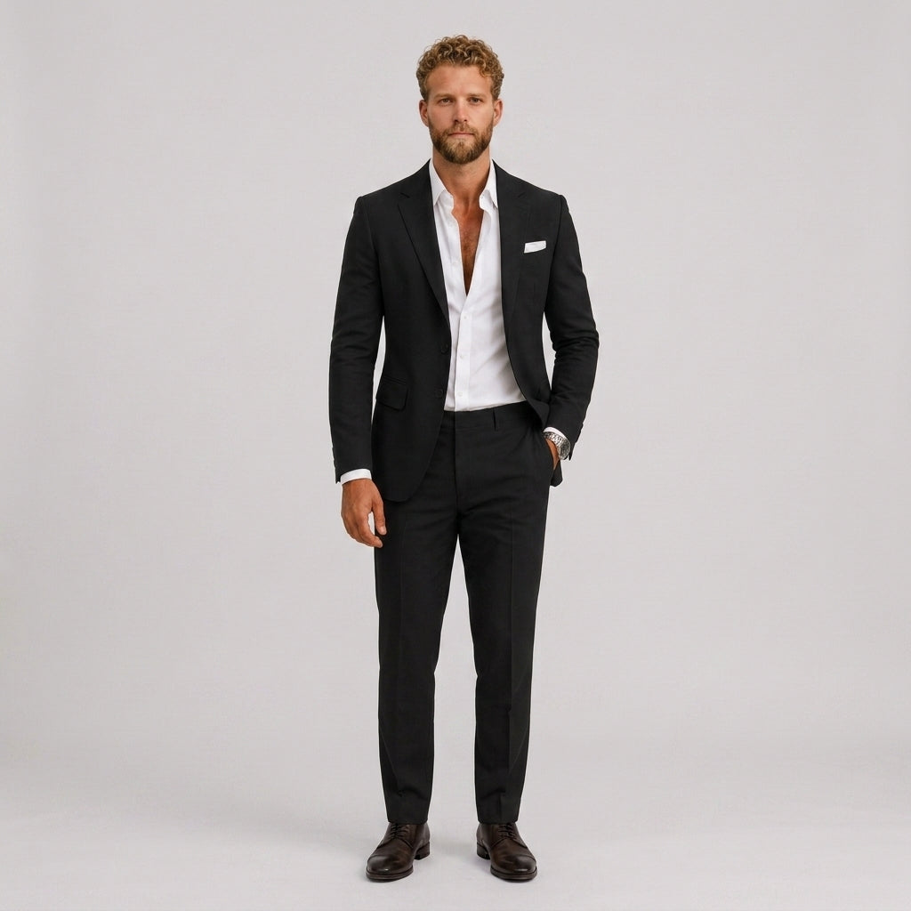 Mężczyzna w czarnym garniturze slim fit z białą koszulą