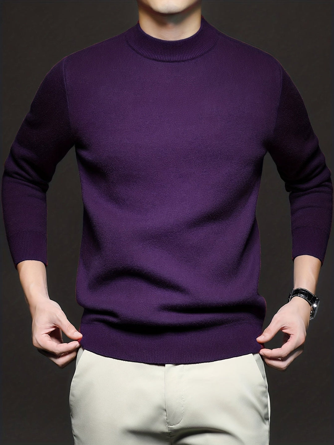Elegancki sweter męski w stylizacji biurowej, widok z profilu
