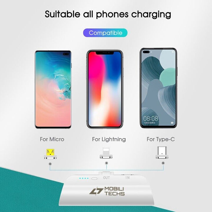Power bank mini z funkcją ładowania bezprzewodowego leżący na płaskiej powierzchni