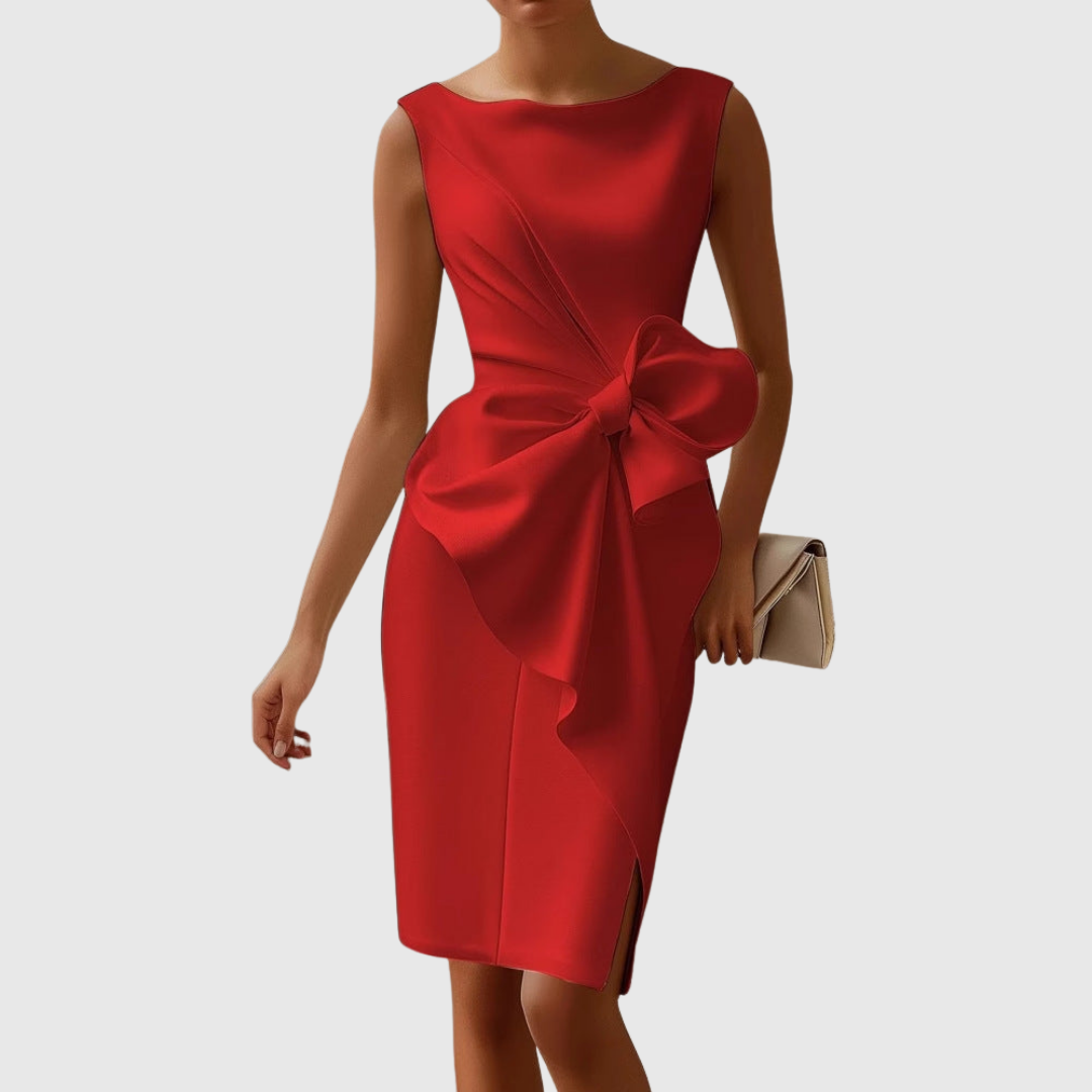 Elegancka sukienka midi z kokardą, tył sukienki wieczorowej