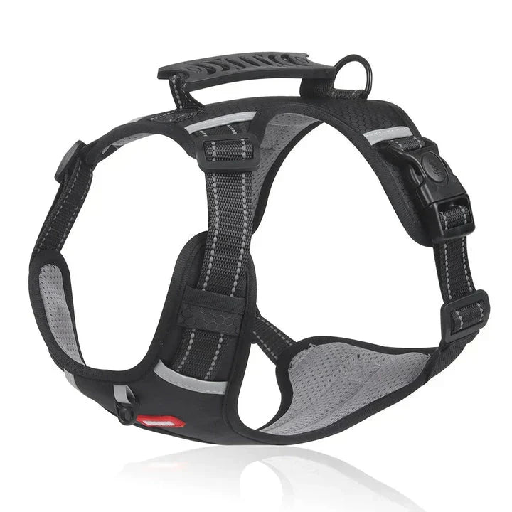 Czarne ergonomiczne szelki dla psa z odblaskowymi paskami i rączką