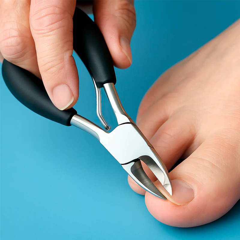 Osoba trzymająca ergonomiczny obcinacz do paznokci podczas pielęgnacji stóp