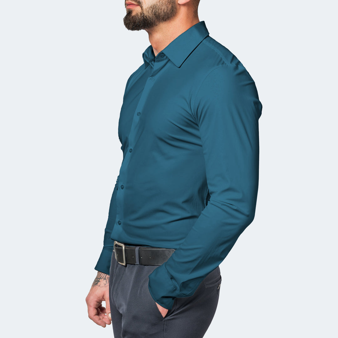 Męska koszula elegancka stretch w zbliżeniu, materiał bez prasowania