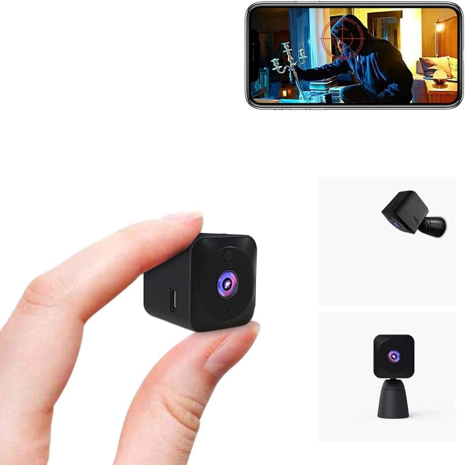 Mini kamera bezpieczeństwa 4K w dłoni z widokiem ekranu telefonu