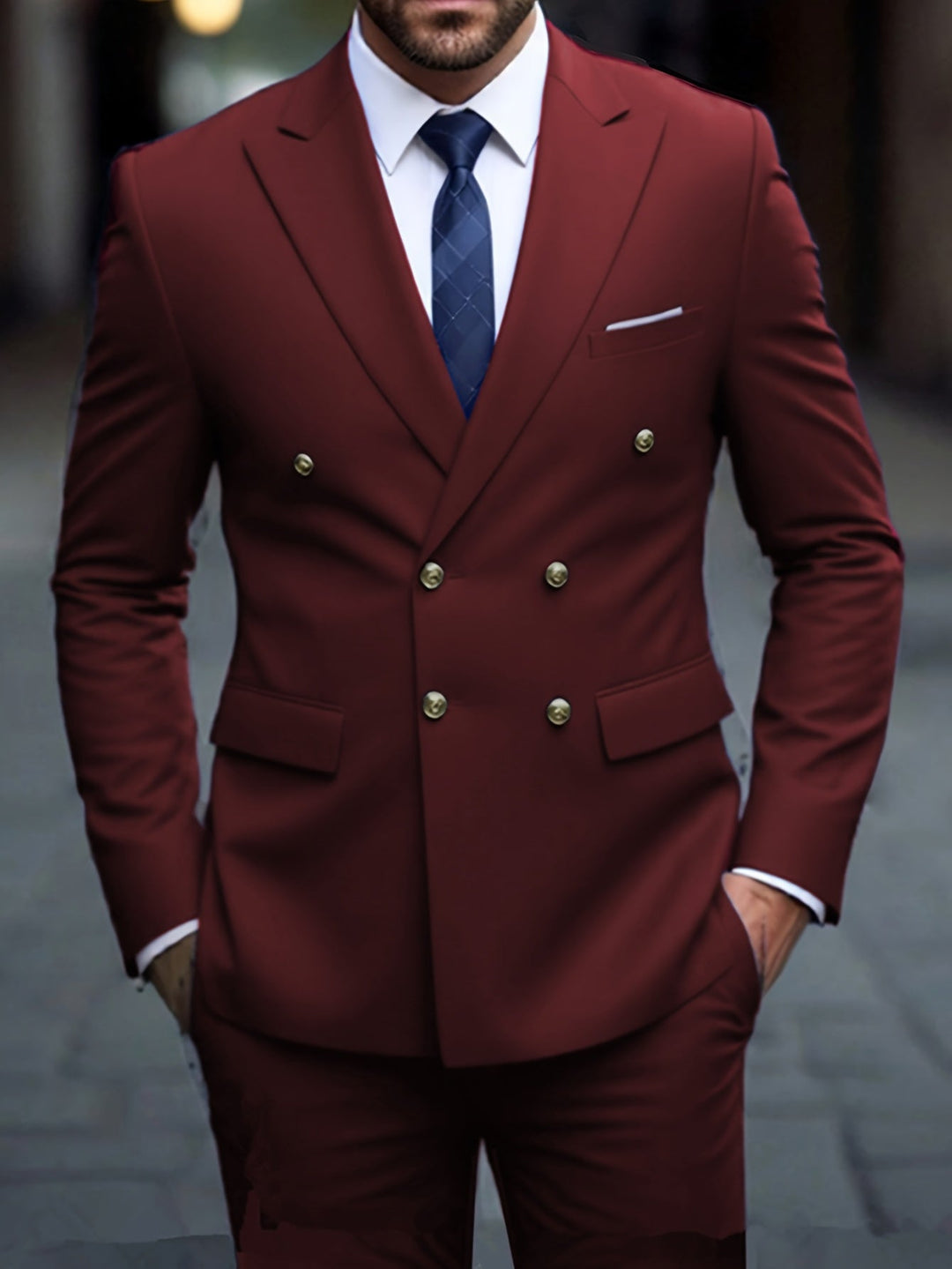 Mężczyzna w eleganckim bordowym dwurzędowym garniturze męskim Weston