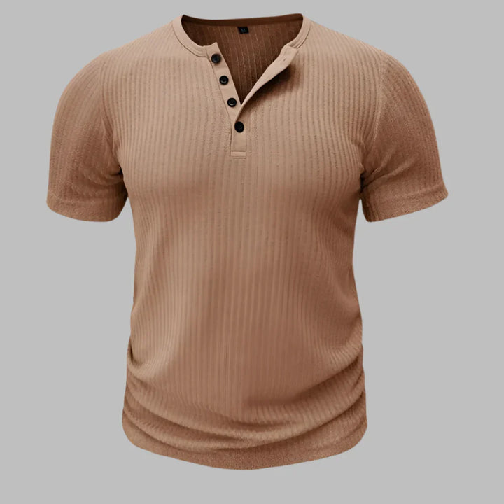 Cienka koszulka męska henley muscle fit z krótkim rękawem w kolorze khaki