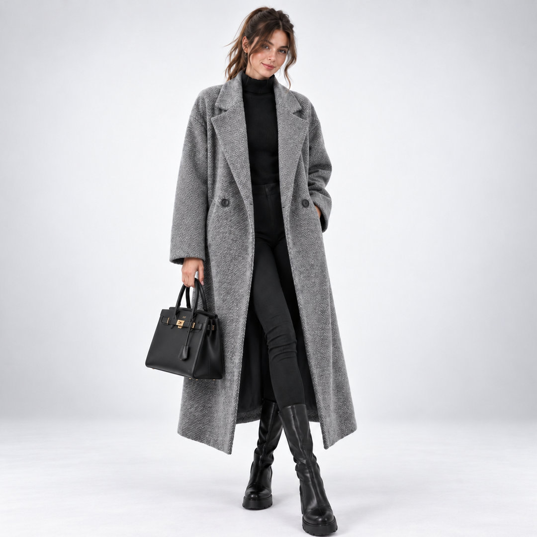 Długi płaszcz damski w stylu oversize z eleganckimi klapami, zbliżenie na materiał