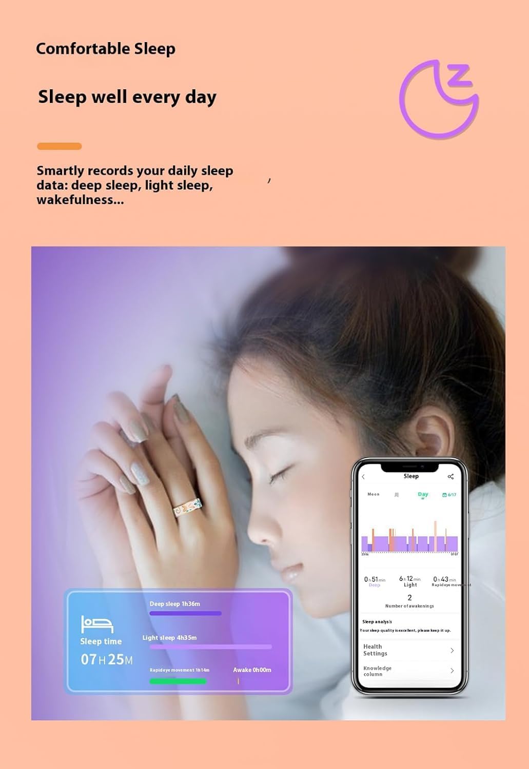 Elegancki smart ring z funkcją śledzenia aktywności fizycznej i snu dla kobiet, kompatybilny z iOS i Android.