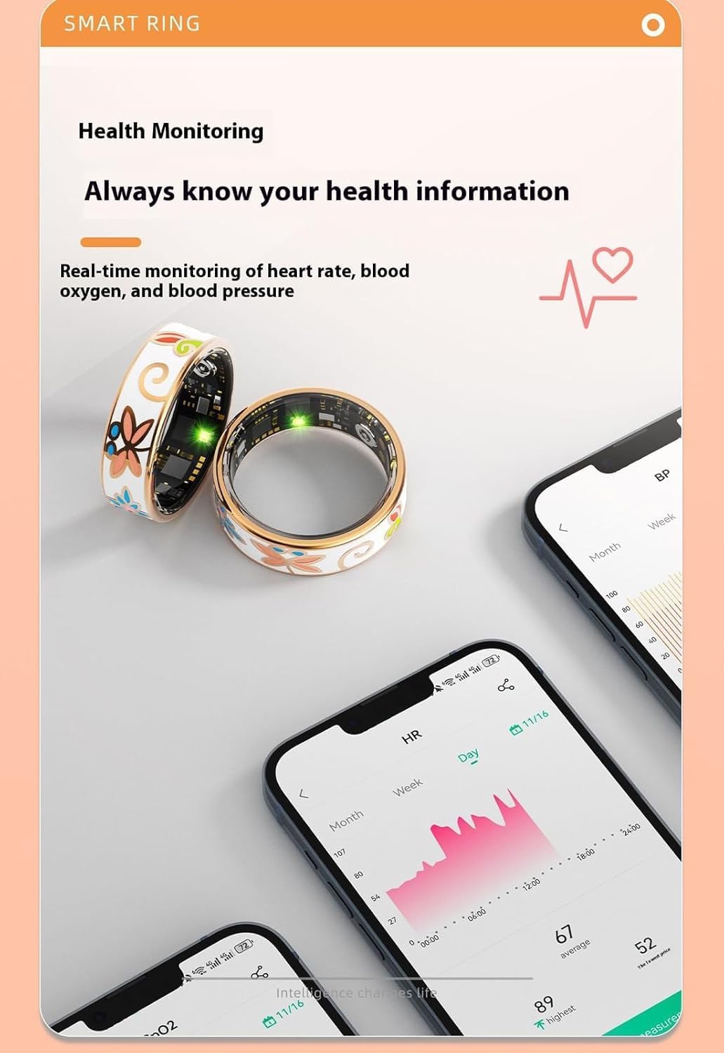 Damski inteligentny pierścień wellness ze stali nierdzewnej, tracker fitness i monitor snu na palcu.