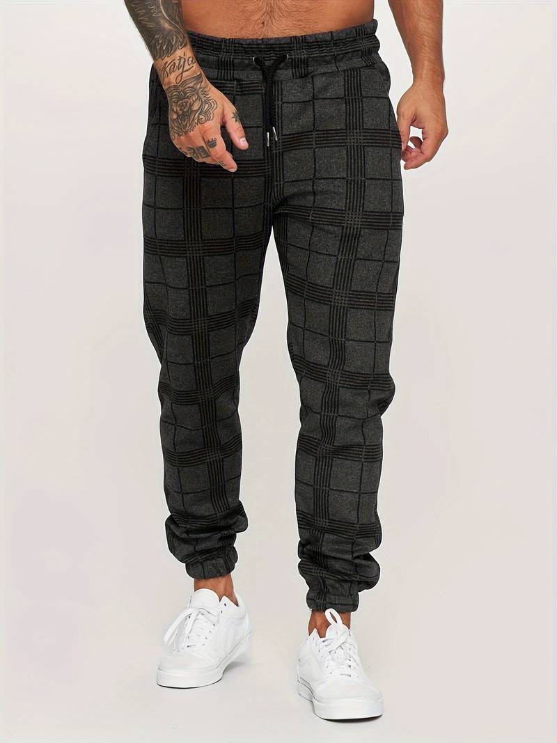 Męskie joggery slim fit w kratkę, modne spodnie codzienne w stylu streetwear
