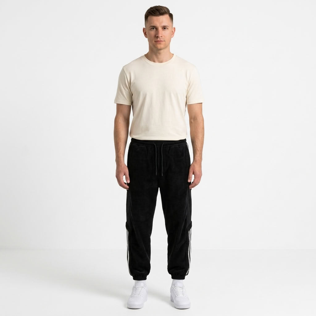 Beżowe spodnie dresowe męskie streetwear z prostą nogawką i pasami