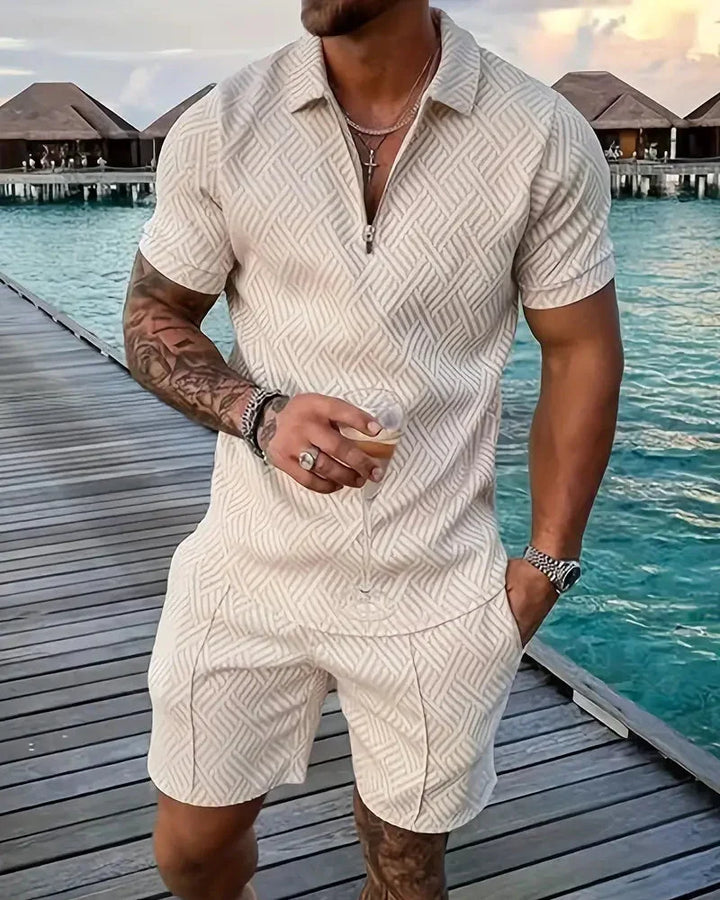Stylowy letni dres męski, koszulka polo z kołnierzykiem i modne szorty