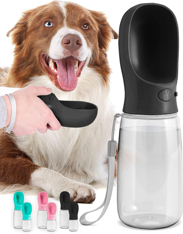 Czarna przenośna butelka na wodę dla psa z miską i psem rasy border collie