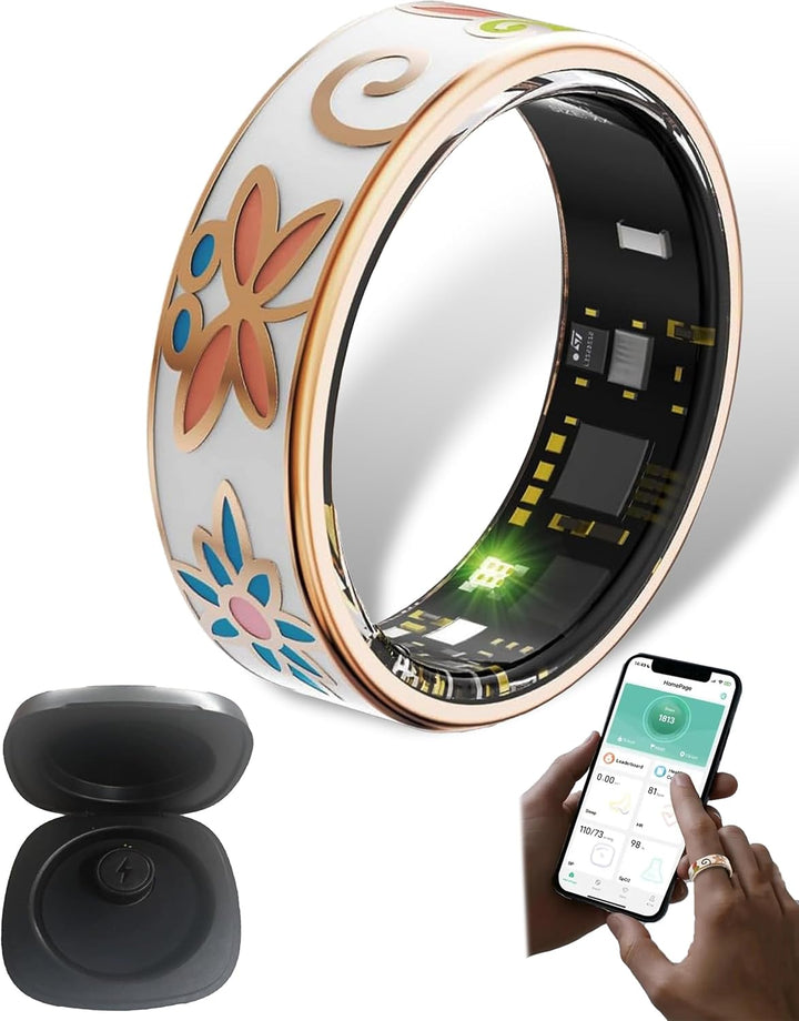 Monitor snu i tracker fitness w formie eleganckiego damskiego pierścienia w zbliżeniu.