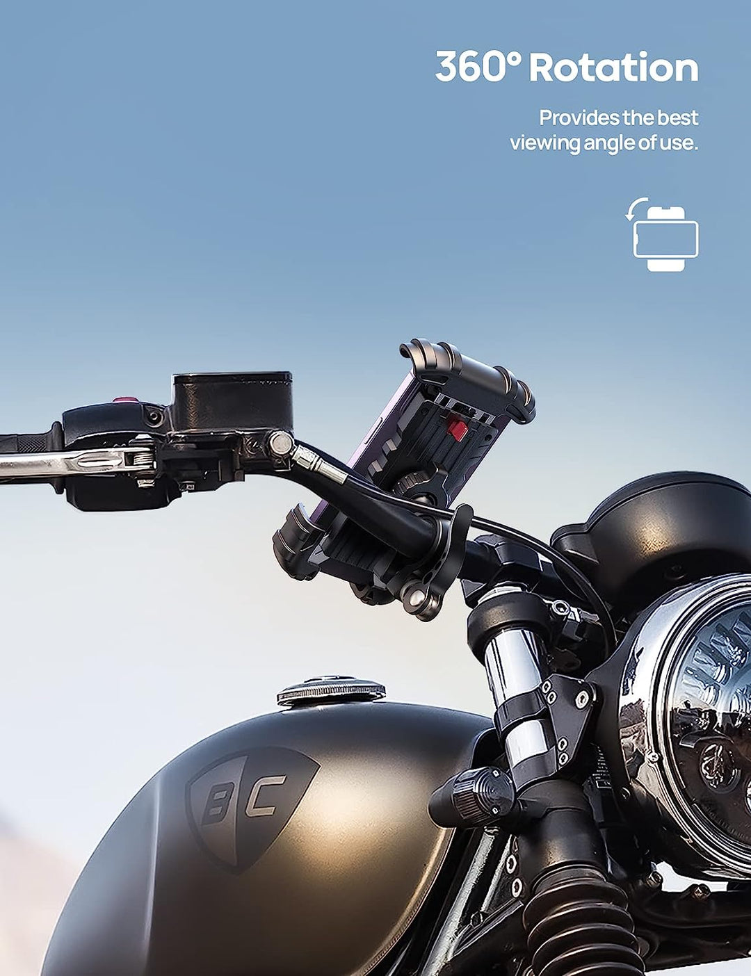 Widok uchwytu na telefon na kierownicy motocykla z obrotem 360 stopni