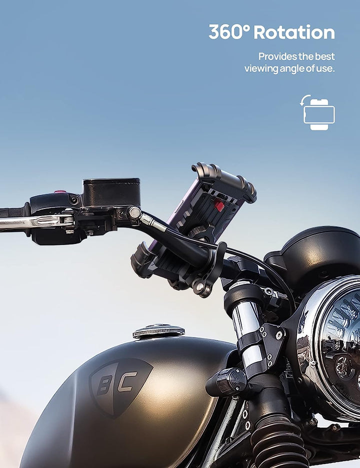 Widok uchwytu na telefon na kierownicy motocykla z obrotem 360 stopni