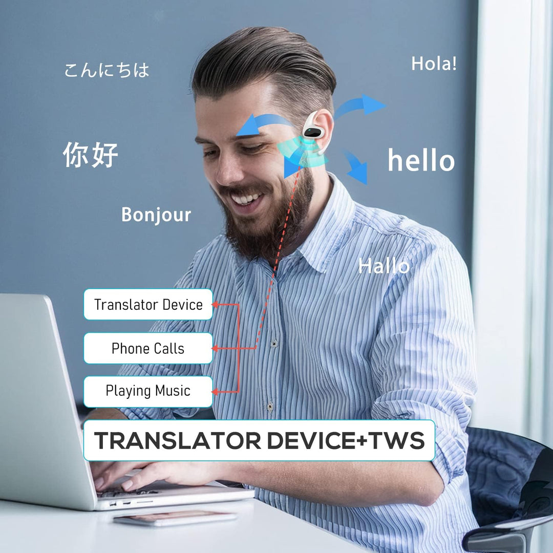 Mężczyzna w koszuli wygodnie korzystający ze słuchawek tłumaczących