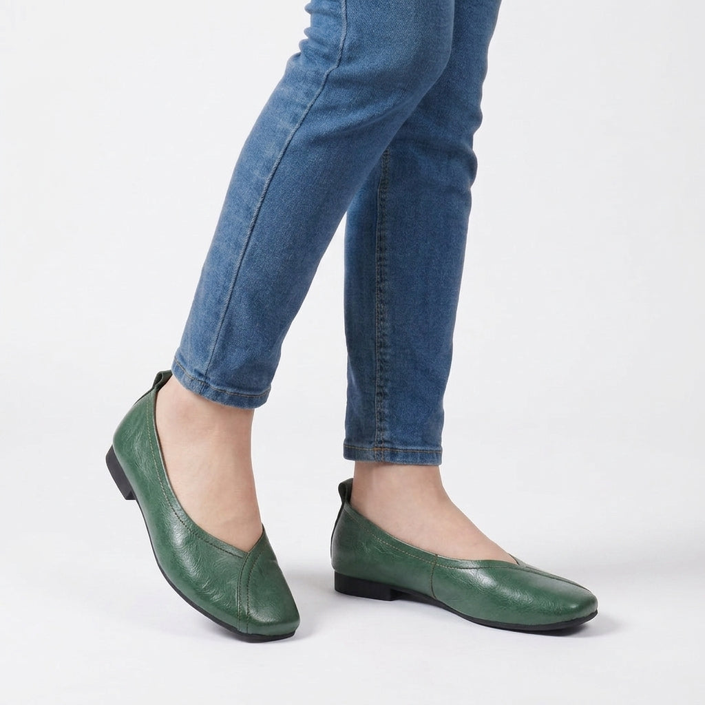 Eleganckie buty damskie płaskie, skórzane baleriny codzienne z delikatnym szwem na podeszwie
