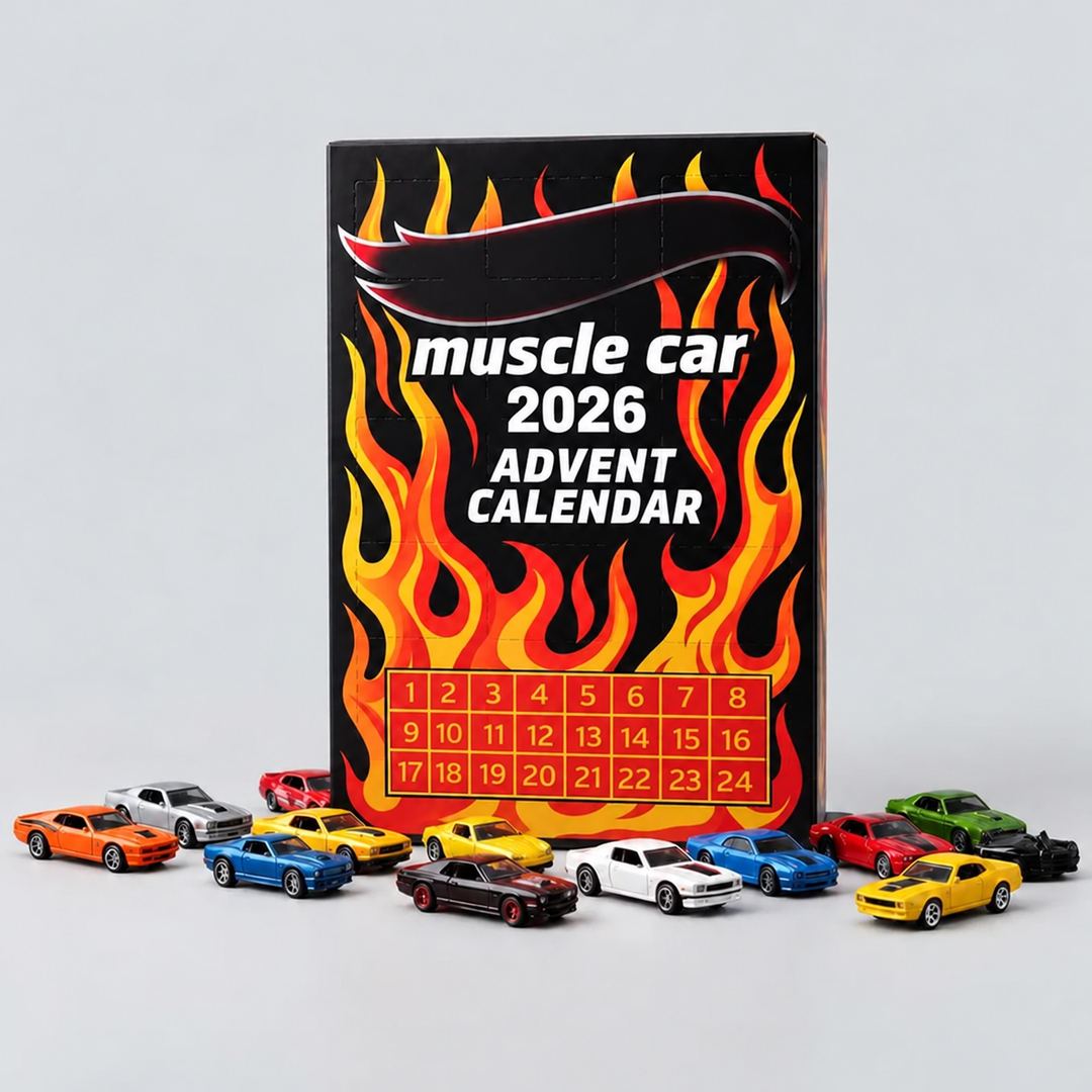 Kalendarz adwentowy z samochodzikami muscle car i kolorowymi autkami