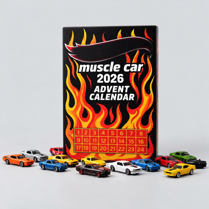 Kalendarz adwentowy z samochodzikami muscle car i kolorowymi autkami