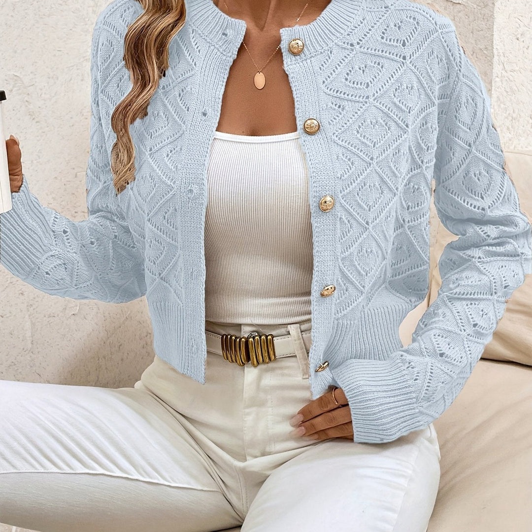 Damski rozpinany sweter w elegancki wzór diamentowy, widok z przodu