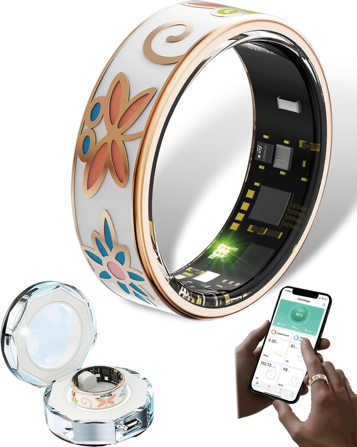 Zestaw z damskim smart ringiem do monitorowania zdrowia, wellness oraz codziennej aktywności.