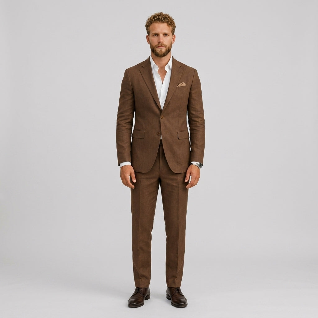 Mężczyzna w brązowym garniturze eleganckim slim fit