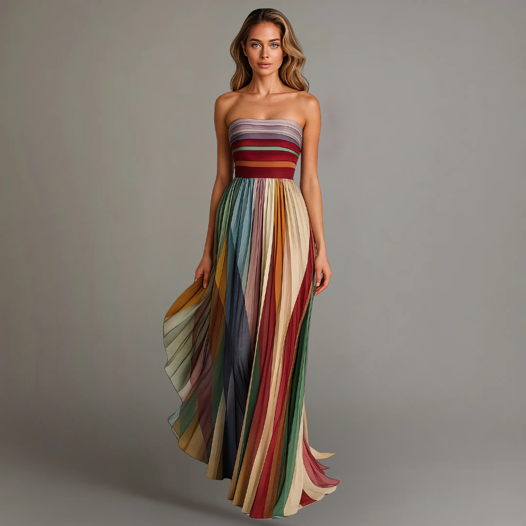 Kobieta prezentująca kolorową, plisowaną sukienkę maxi w stylu colorblock