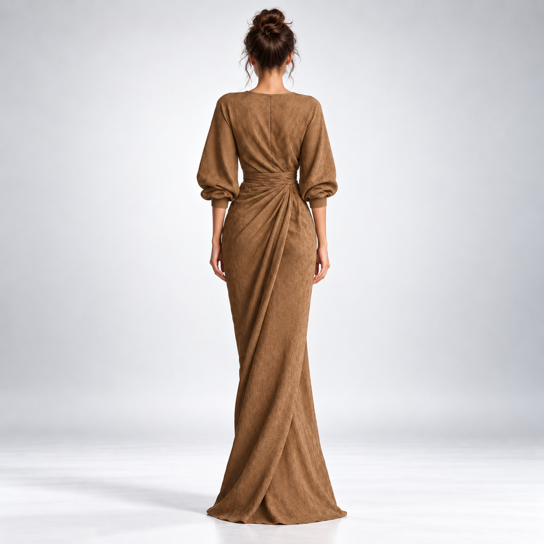Widok z tyłu na brązową elegancką sukienkę maxi z wiązaniem