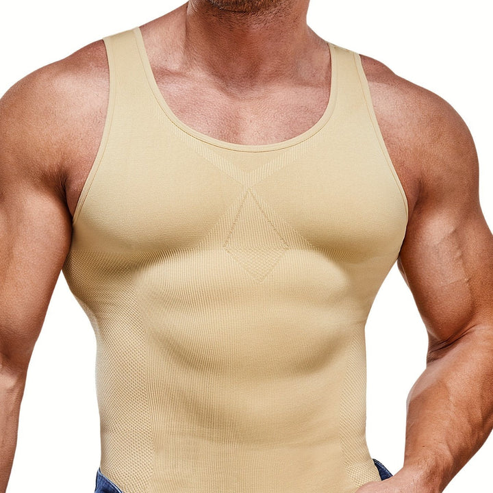 Odzież modelująca męska w kolorze beżowym, tył tank topu kompresyjnego