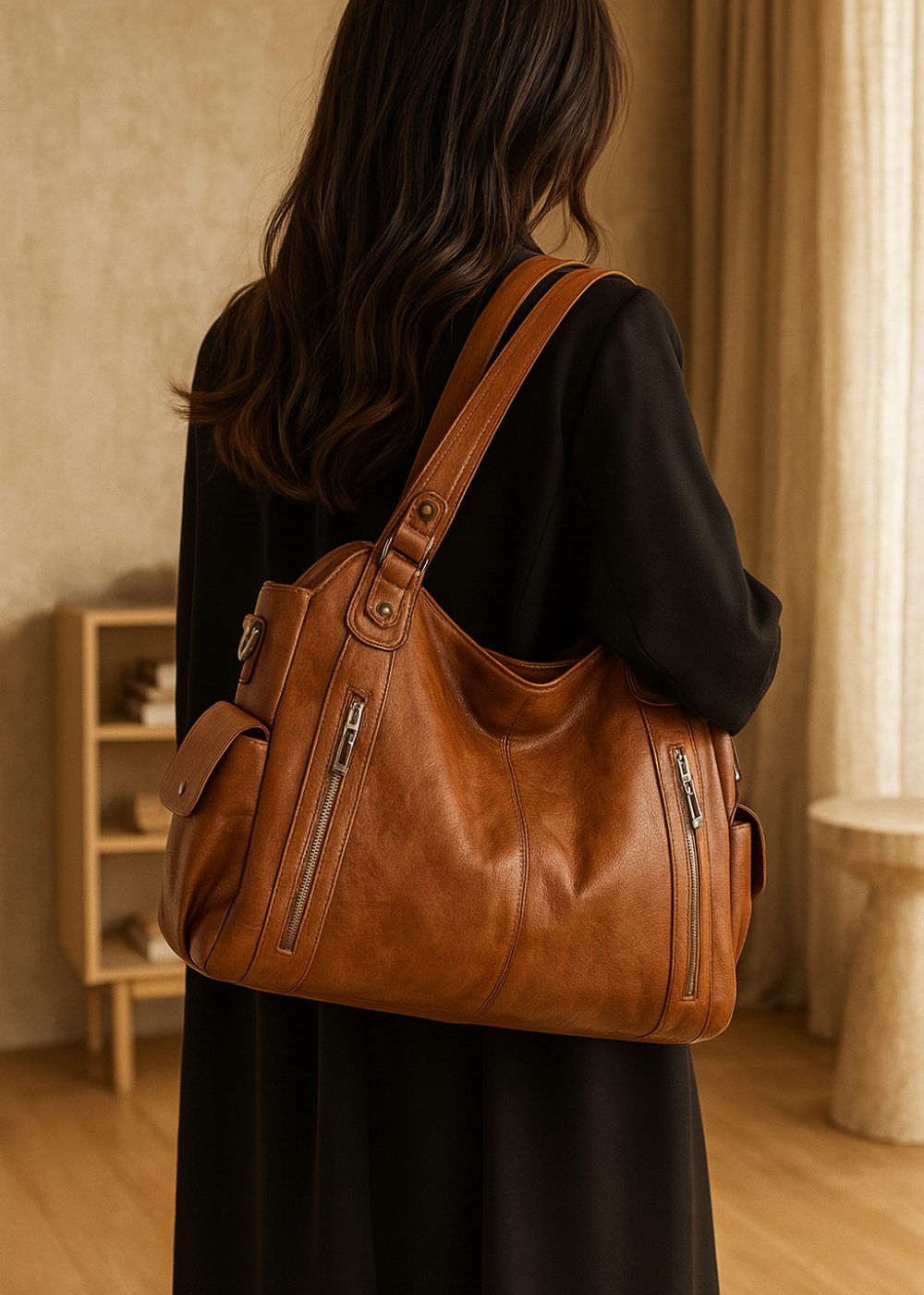 Elegancka torba damska Allison w kolorze brązowym prezentowana na tle modelki
