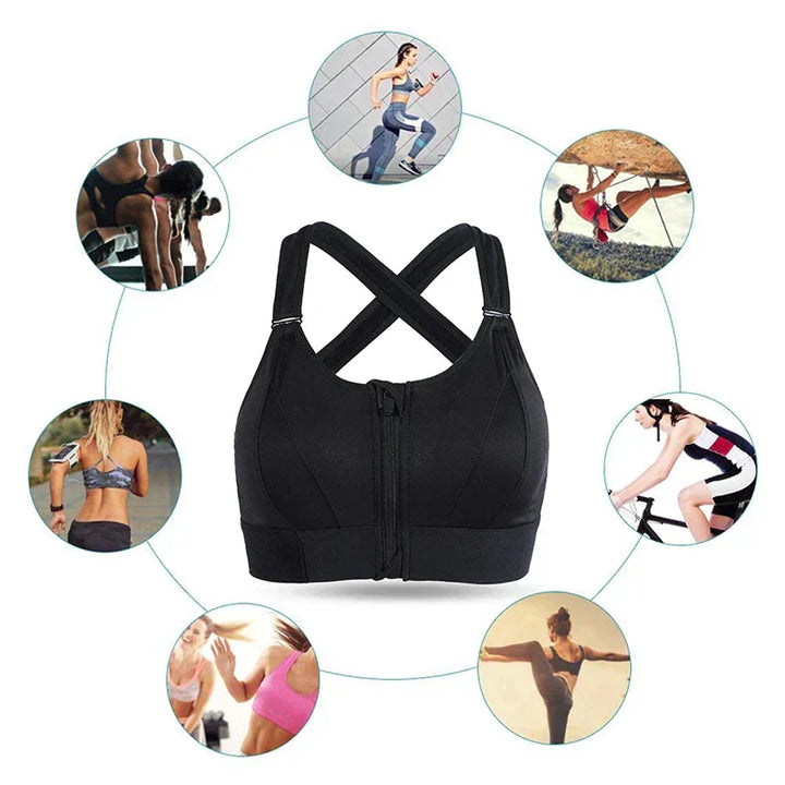 Odzież sportowa damska – czarny top fitness z suwakiem, zbliżenie