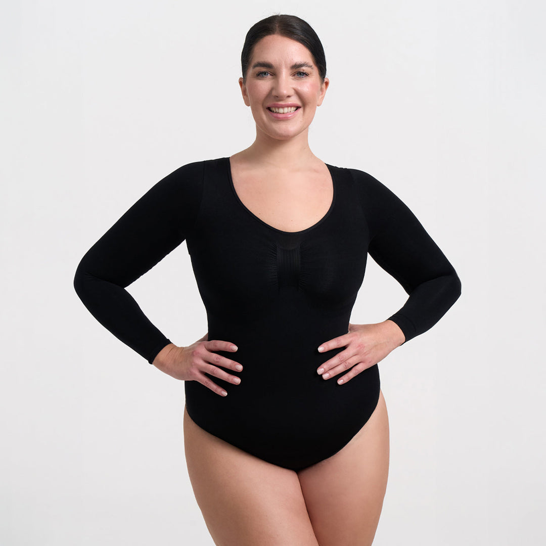 Damskie body modelujące z dekoltem i długimi rękawami