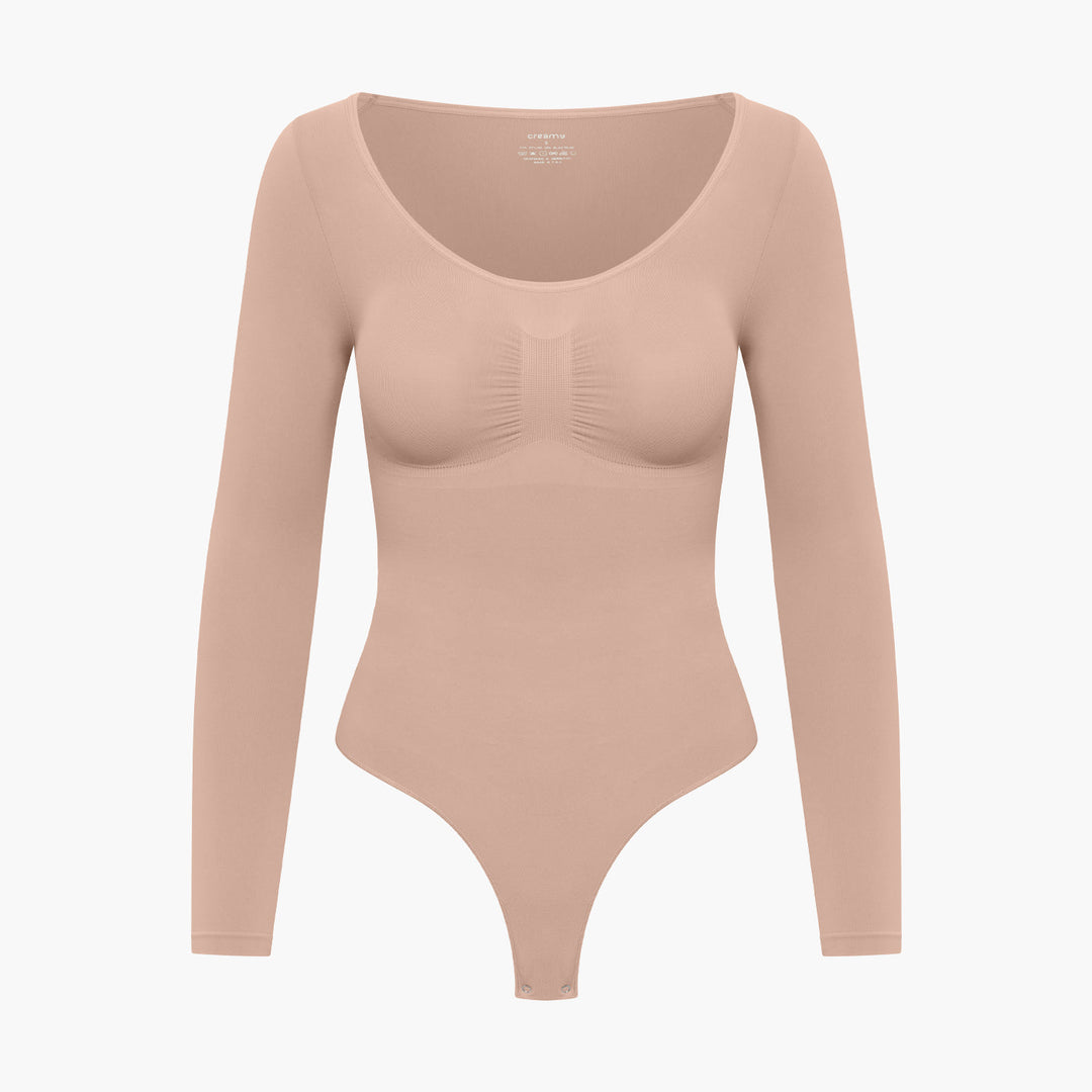Beżowe damskie body modelujące z długim rękawem na jesień i zimę