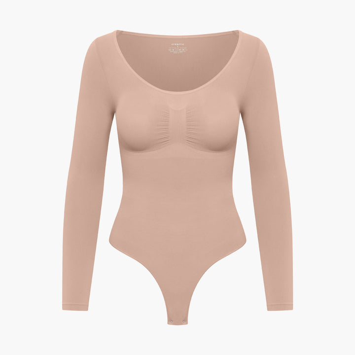 Beżowe damskie body modelujące z długim rękawem na jesień i zimę