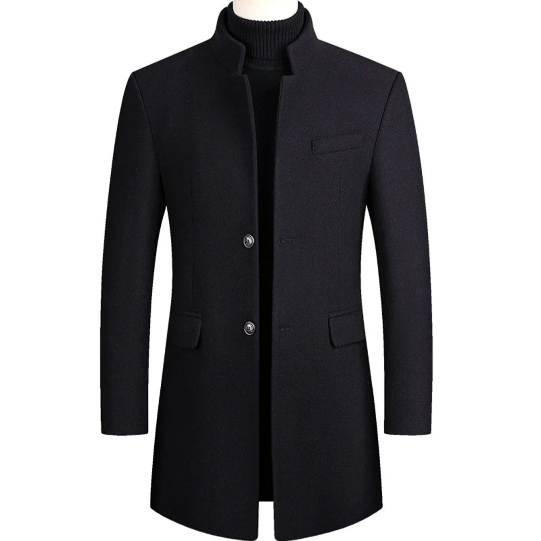 Męski długi płaszcz slim fit w kolorze czarnym z guzikami